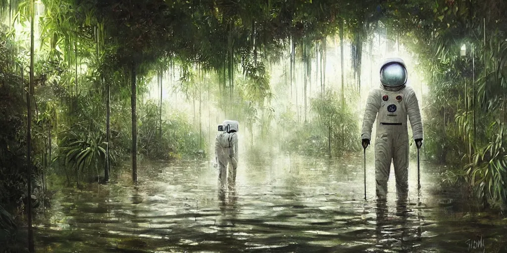 Image similar to an atmospheric painting of an astronaut walking through a flooded underground that is overgrown with jungle plants and vegetation, beautifully lit and highly detailed painting by Johnny Morant