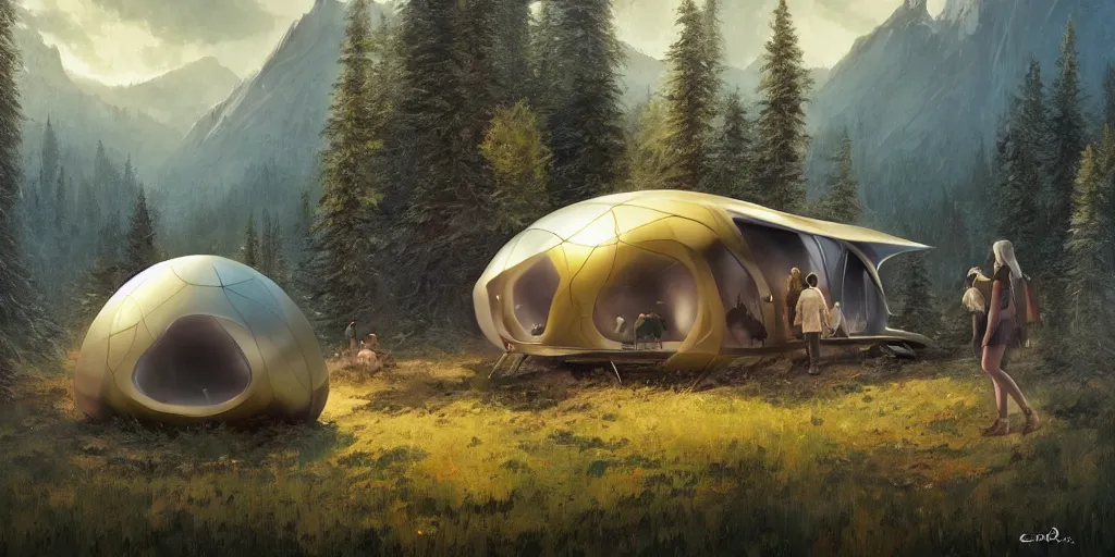 Image similar to cabela's tent futuristic pop up family pod, cabin, modular, person in foreground, mountainous forested wilderness open fields, beautiful views, painterly concept art, joanna gaines, environmental concept art, farmhouse, magnolia, concept art illustration by ross tran, by james gurney, by craig mullins, by greg rutkowski trending on artstation