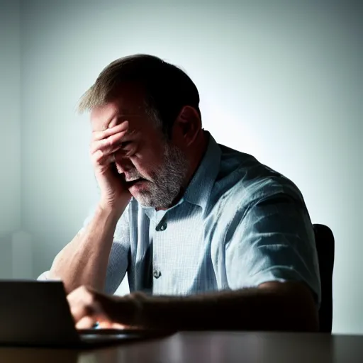 Prompt: A frustrated middle-aged man staring angrily and typing away at his computer in a darkly lit bedroom at night