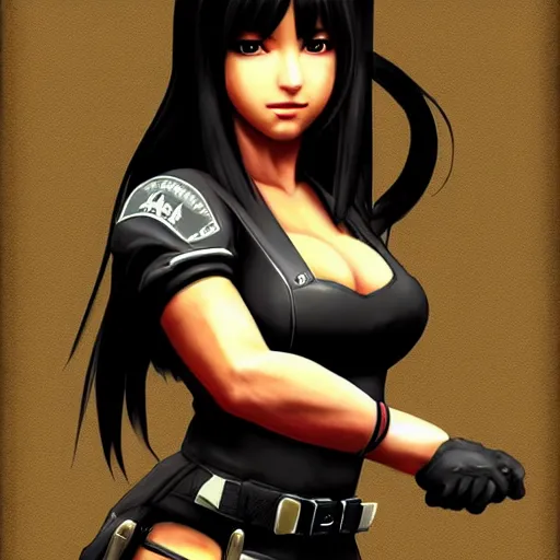 Image similar to high quality art of tifa lockhart wearing a soldier uniform, trending on artstation