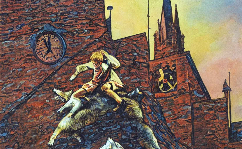 Image similar to a boy fighting a wolf on the edge of a clocktower, by josh kirby gouache, print