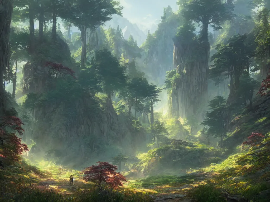 Prompt: concept art painting of a fantasy landscape in a mountainous forested valley, realistic, detailed, cel shaded, in the style of makoto shinkai and greg rutkowski and james gurney and thomas kinkade