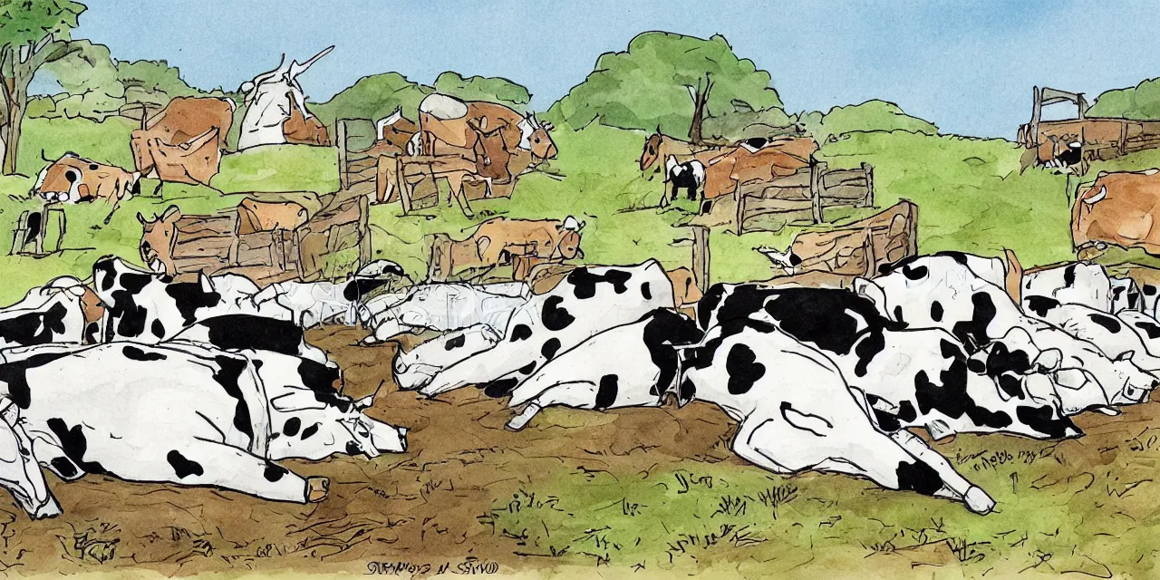 Image similar to cartoon, cows resting after a day rounding up humans