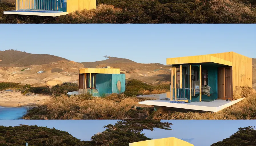 Image similar to An architectural rending of an eco-community of contemporary 3D printed sea ranch style cabins with rounded corners and angles, beveled edges, made of cement and concrete, organic architecture, on the California coastline with side walks, parks and public space , Designed by Gucci and Wes Anderson, golden hour