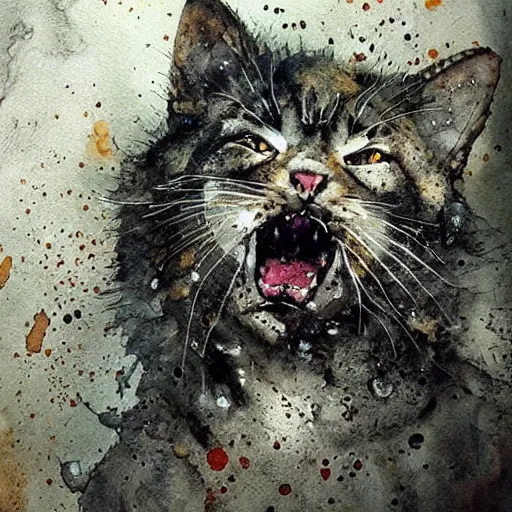 Prompt: vicious roaring kitty by Jean-Baptiste Monge, post processing, painterly, book illustration watercolor granular splatter dripping paper texture. Trending on artstation, post processing, pen and ink work. sharp focus.