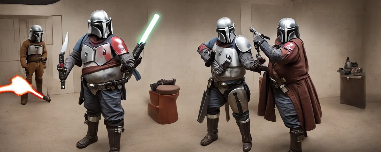 Image similar to one overweight and bald plumber wearing overalls and holding toilet plunger duelling with one mandalorian in mandalorian helmet holding a lightsaber