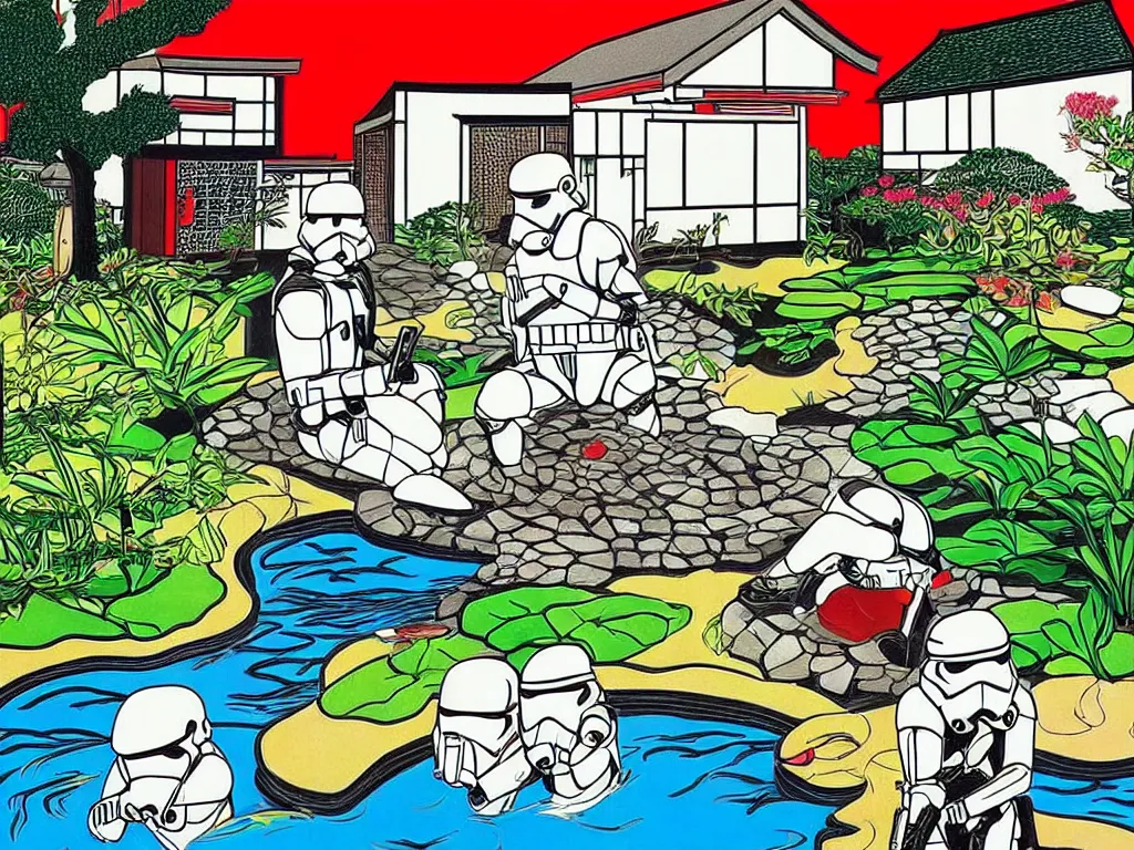 Prompt: hyperrealistic composition of the japanese home with a garden and a pond, 2 stormtroopers sitting around it, pop - art style, jacky tsai style, andy warhol style, roy lichtenstein style, rich palette, acrylic on canvas