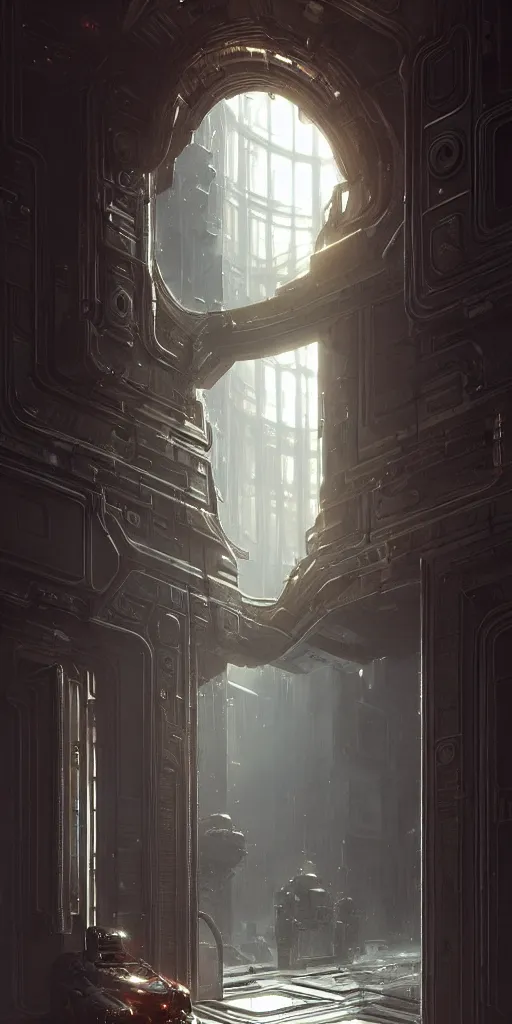 Prompt: hyper realistic ornate sci - fi double door by maciej kuciara, darek zabrocki, well - lit