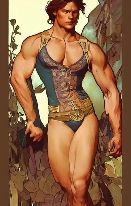 Image similar to pretty muscular sam winchester as a character in romance book art design, character concept, sharp focus!, ultra detailed, art by artgerm alphonse mucha, wlop