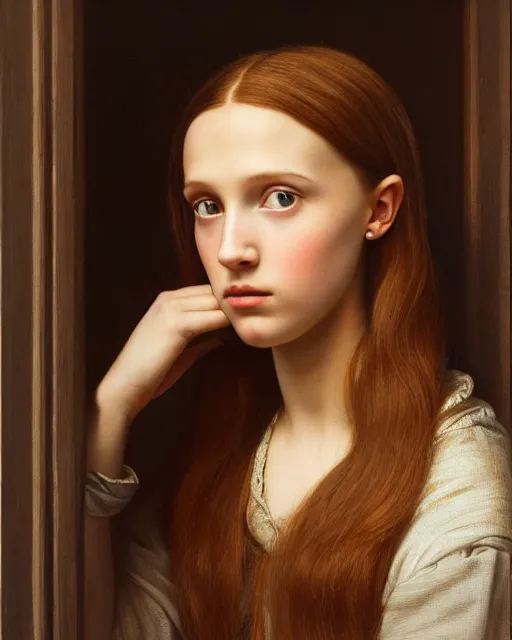 Prompt: a window - lit realistic portrait painting of a thoughtful girl resembling a young, shy, redheaded alicia vikander or millie bobby brown, lit by a window at the side, highly detailed, intricate, by leonardo davinci and rosetti