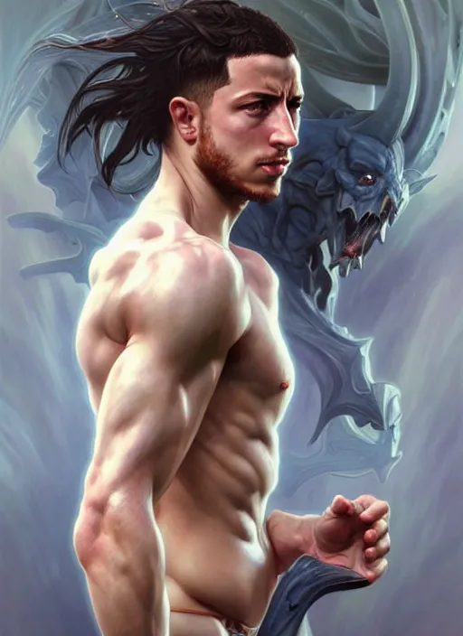 Image similar to portrait of aggressive eden hazard, d & d, muscular! white, fire, fantasy, intricate, elegant, highly detailed, digital painting, artstation, concept art, smooth, sharp focus, illustration, art by artgerm and greg rutkowski and alphonse mucha