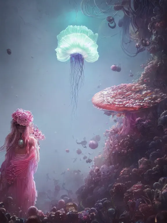 Image similar to a fancy portrait of a giant floating flower and jellyfish by Greg Rutkowski, Sung Choi, Mitchell Mohrhauser, Maciej Kuciara, Johnson Ting, Maxim Verehin, Peter Konig, Bloodborne, beeple, 8k photorealistic, cinematic lighting, HD, high details, atmospheric , trending on artstation. made in Maya, Blender and Photoshop, octane render, excellent composition, cinematic dystopian brutalist atmosphere, dynamic dramatic cinematic lighting, aesthetic, very inspirational, arthouse. y Greg Rutkowski, Ilya Kuvshinov, WLOP, Stanley Artgerm Lau, Ruan Jia and Fenghua Zhong