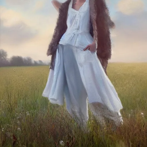 Image similar to a vogue model in a field, oil painting, pale colors, high detail, 8 k, wide angle, trending on artstation,