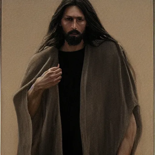 Image similar to a full body portrait of modern day jesus wearing cream fear of god menswear collection by nicola samori, hat and hoodie, detailed, oil painting, hyper realistic, 8 k, yeezy collection