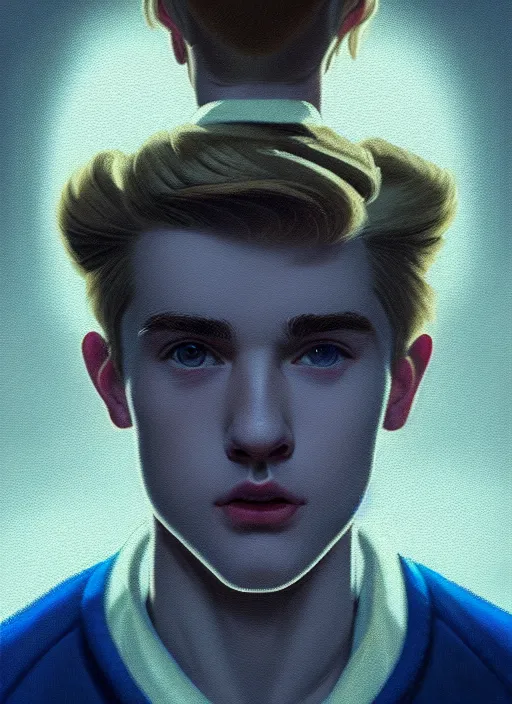 Image similar to portrait of a high school senior boy named moose mason, blonde short hair, jock, beefy, square jaw, square facial structure, 1 9 5 0 s, blue varsity jacket, intricate, elegant, glowing lights, highly detailed, digital painting, artstation, concept art, smooth, sharp focus, illustration, art by wlop, mars ravelo and greg rutkowski