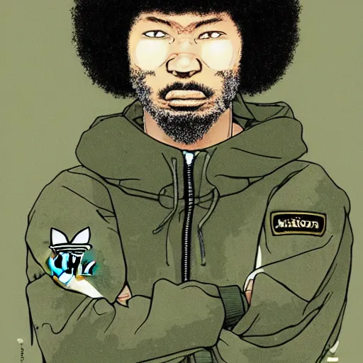 Image similar to illustration by katsuhiro otomo, black man with afro hair, raspy beard stubble, wearing an adidas army green jacket, in the streets of tokyo, akira style, by katsuhiro otomo