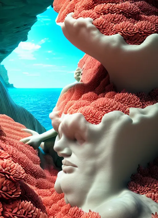 Image similar to beach cave made of corals, daisies, roses, well contoured smooth fair walls with marble statue, up close shot, sharp focus, global illumination, radiant light, alexandre ferra white mecha, irakli nadar, octane highly render, 4 k, ultra hd,