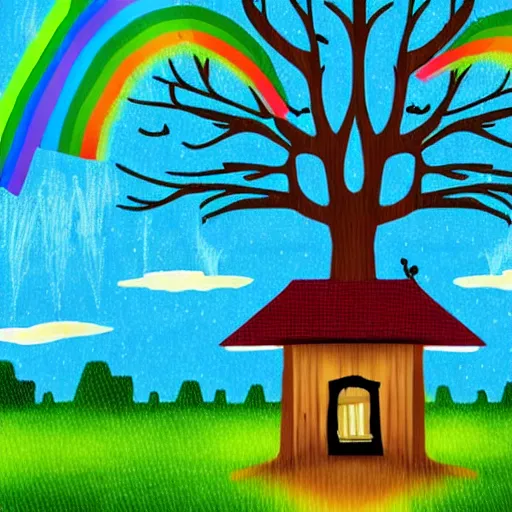 Image similar to : forest park with a tree house after it rained earlyin the morning rainbowin the sky, illustration art style