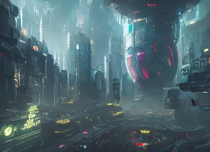 Image similar to a futuristic city with a giant lovecraftian cthulu eye in the center, cyberpunk art by neil blevins, cgsociety, fantasy art, dystopian art, cryengine, redshift vibes