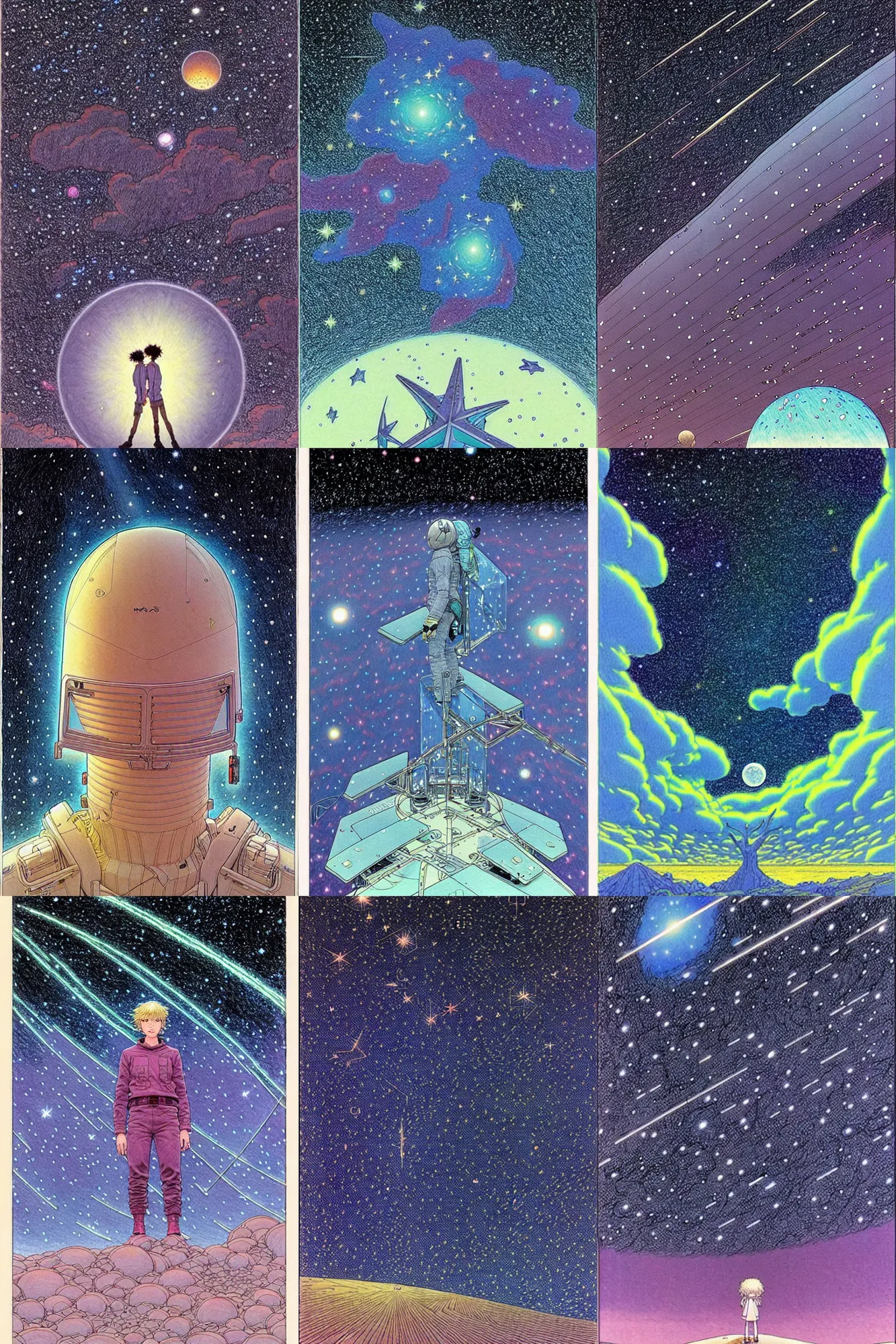 Prompt: ( ( ( ( ( starry sky ) ) ) ) ) drawing by mœbius!!!!!!!!!!!!!!!!!!!!!!!!!!!, overdetailed art, picture book