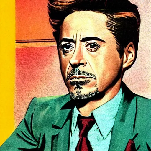 Prompt: “Robert Downey Jr portrait, color vintage magazine illustration 1950”