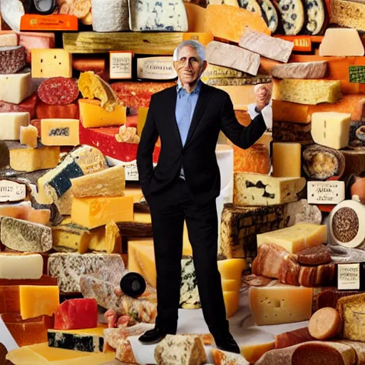 Image similar to uhd photorealistic anthony fauci made of various cheeses. photo by annie leibowitz