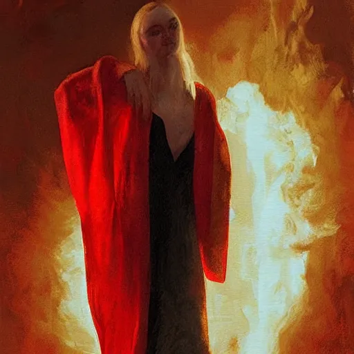 Image similar to a striking hyper real painting of Elle Fanning in a red cultist robe, fire lit, by Craig Mullins