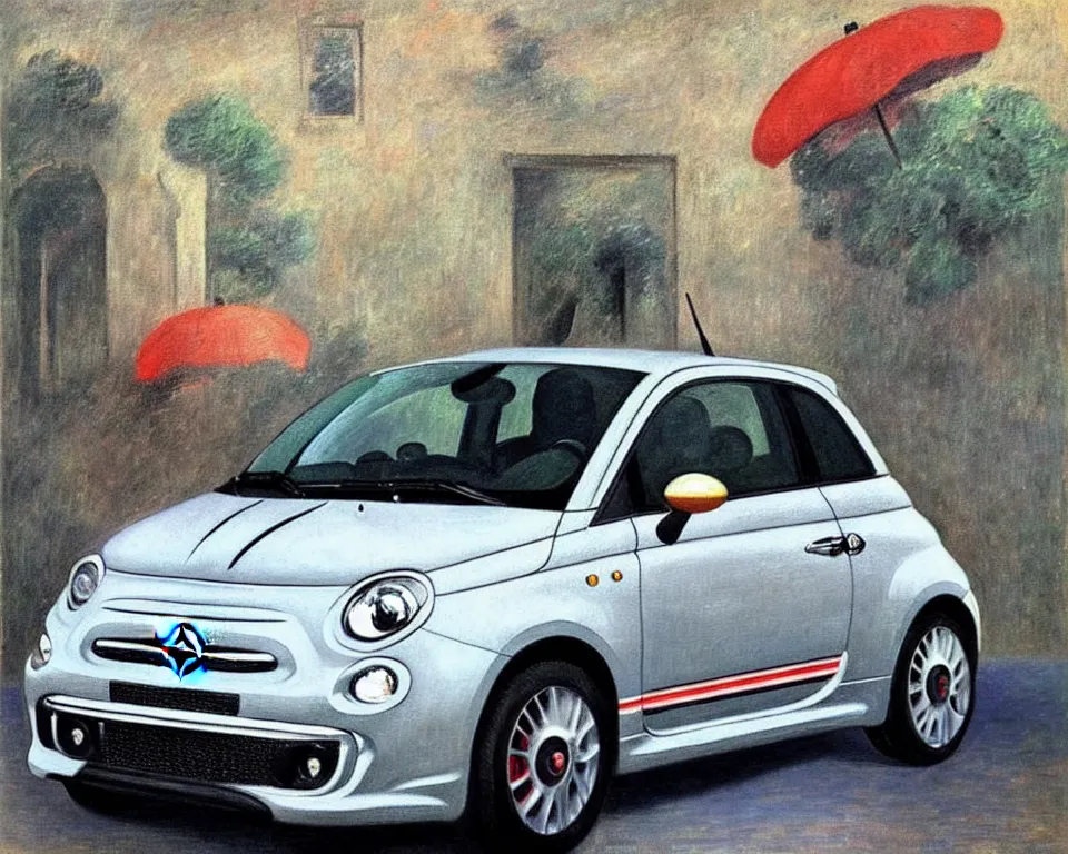 Prompt: achingly beautiful painting of a grey 2 0 1 3 fiat 5 0 0 abarth by rene magritte, monet, and turner.