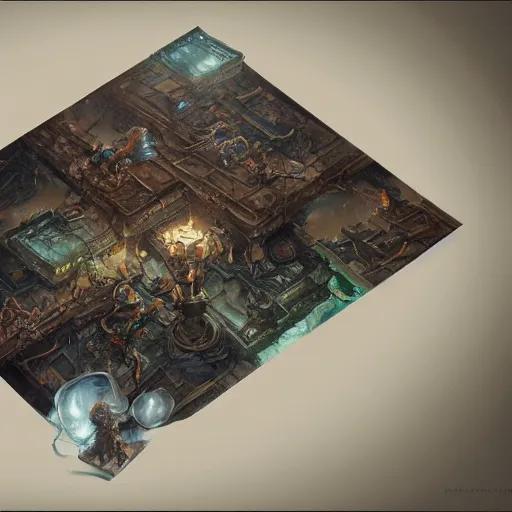 Prompt: tabletop game board, highly detailed, fantasy art, in the style of greg rutkowski, epic, fantasy, intricate, hyper detailed, artstation, concept art, smooth, sharp focus, ray tracing, top view