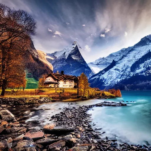 Image similar to Beautiful cinematic photo, hd, hdr, 4k, switzerland landscape, award-winning, incredibly detailed, expensive