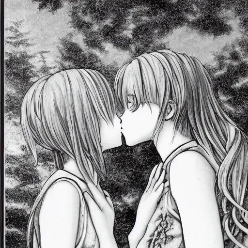 Image similar to portrait of two girls kissing, detailed manga art