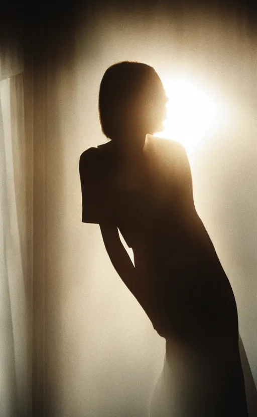 Prompt: sunlight study photography of a beautiful woman standing next to a window illuminating her with god rays, volumetric fog, smoke, depth of field