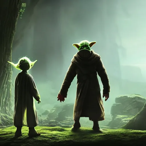 Image similar to yoda ( 2 0 2 1 ) walking next to groot ( 2 0 1 7 ). they are friends. photorealistic, digital art, epic fantasy, dramatic lighting, cinematic, extremely high detail, cinematic lighting, trending, artstation, cgsociety, 3 d ue 5, 4 k, hq