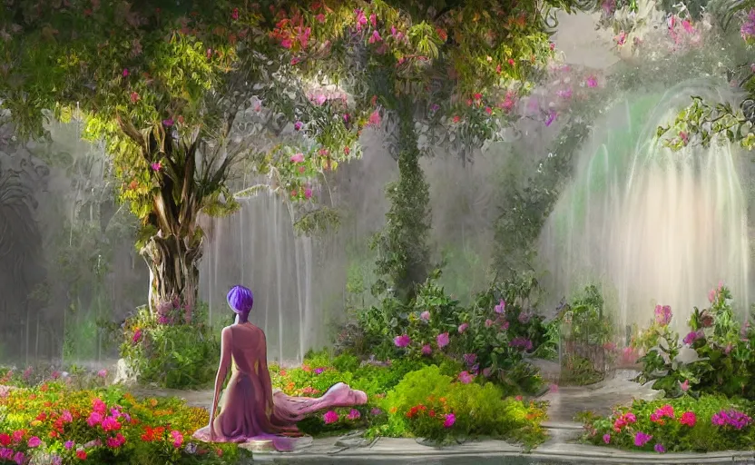 Image similar to The kneeling statue of a woman in a beautiful garden, next to a fountain and a mystical palace, and all this in a foggy and mysterious atmosphere.Fantasy and concept art, colorful digital painting.