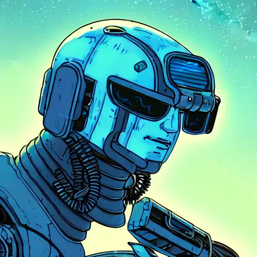 Prompt: cell shaded image of a cybernetic blue bald soldier, riding on top of a futuristic blue tank with glowing blue eyes as Borderlands 3 concept art, llustration, post grunge, concept art by josan gonzales and wlop, by james jean, Victo ngai, David Rubín, Mike Mignola, Laurie Greasley, highly detailed, sharp focus,alien,Trending on Artstation, HQ, deviantart, art by artgem