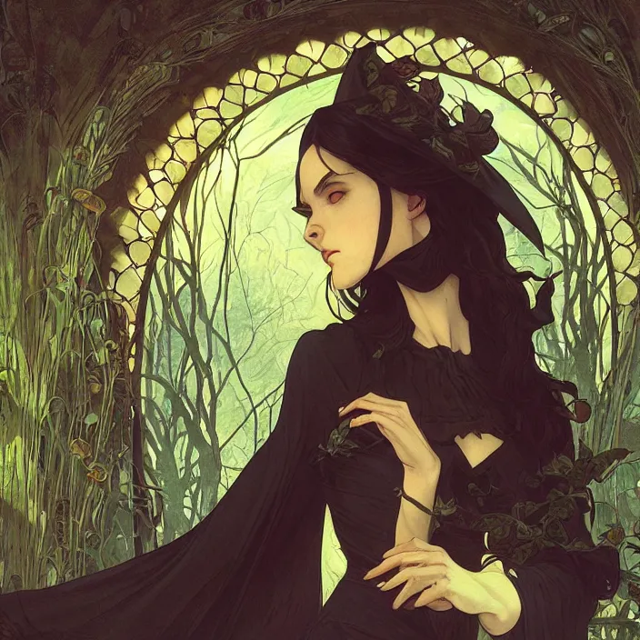 Image similar to a beautiful render of absolutely beautiful witch, gothic background, a beautiful face, perfectly shaded, atmospheric lighting, style of makoto shinkai, raphael lacoste, louis comfort tiffany, artgerm, karol bak, james jean, alphonse maria mucha