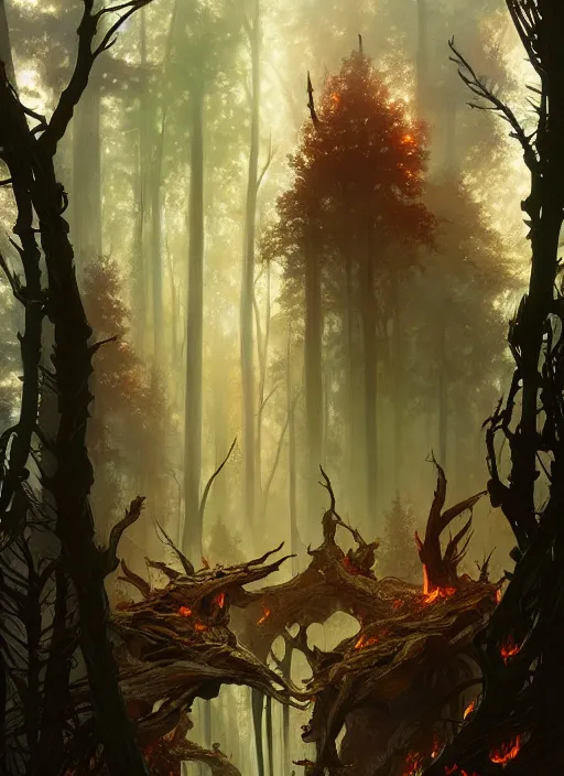 Image similar to burning forest inhabited by elves, d & d, fantasy, intricate, elegant, highly detailed, digital painting, artstation, concept art, smooth, sharp focus, illustration, art by artgerm and greg rutkowski and alphonse mucha