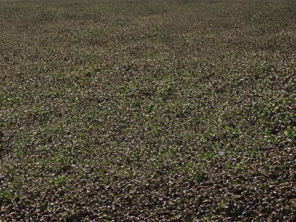 Prompt: army of seeds marching towards an impressive epic ant hill, somber lighting, dynamic