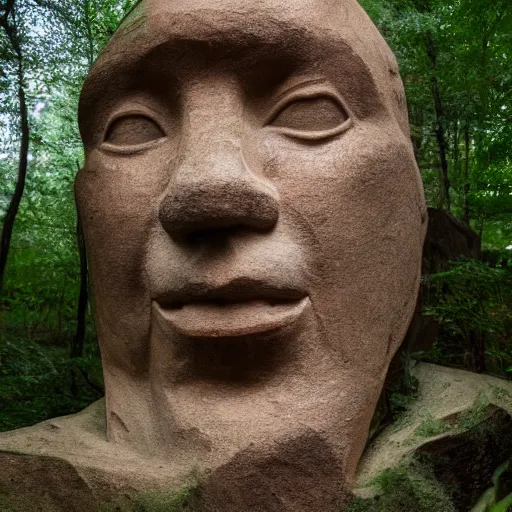 Prompt: human face built by frank lloyd wright, lush trees, 8 k