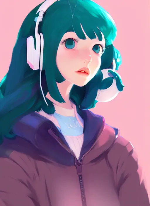 Prompt: female character inspired by 9 0's fashion and by madeline from celeste, art by rossdraws, wlop, ilya kuvshinov, artgem lau, sakimichan and makoto shinkai, concept art, headphones