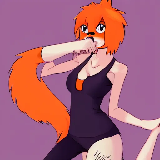 Image similar to fursona of a female orange fox with black tanktop, poofy hair, anime, digital art, furaffinity, tumblr, twitter, trending on artstation, 4 k, high resolution