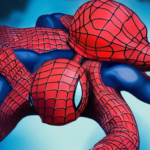 Image similar to octopus attacking and suffocating spiderman, photorealistic