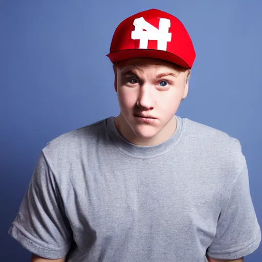 Prompt: a portrait of an average white teenage boy with blue colored hair, wearing a red backwards cap, white t - shirt with a red no symbol on it, blue long pants and red shoes, holding a microphone, studio lighting, photoshoot, grey background
