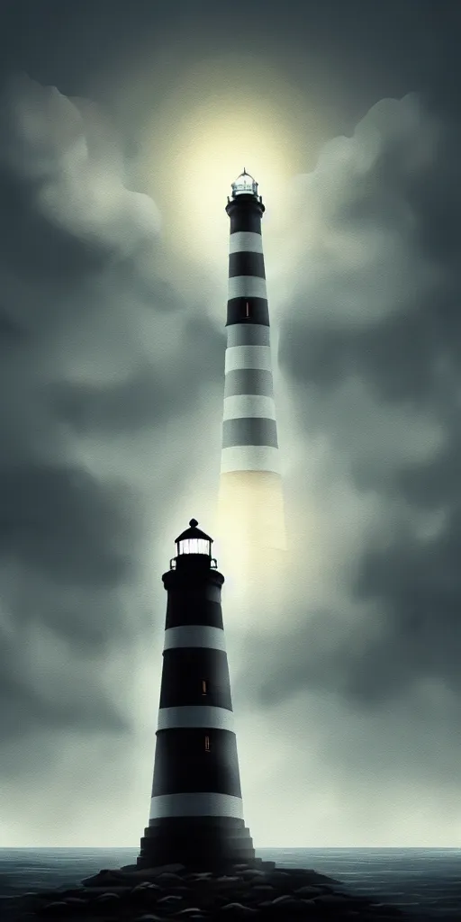 Prompt: a very very very tall, lighthouse, with searchlight godrays, volumetric light, moon, clouds, full height of the frame, artstation, digital art, expressive painting, moody paintbrush