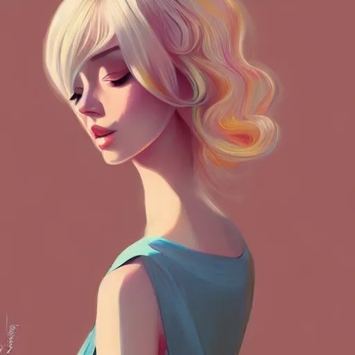 Prompt: beautiful woman in summer dress art, light blonde shoulder-length hair, muted colors, matte print, pastel colors, ornate, digital art, digital painting, fan art, elegant, by Ilya Kuvshinov