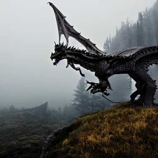 Prompt: a bone dragon sitting on a mountain, Mist, fog,