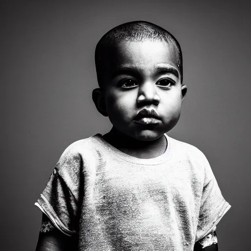 Prompt: the face of young kanye west wearing yeezy clothing at 3. 2 years old, black and white portrait by julia cameron, chiaroscuro lighting, shallow depth of field, 8 0 mm, f 1. 8
