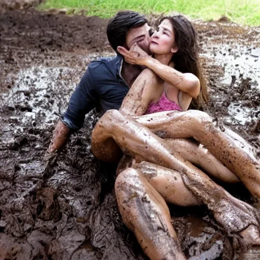 Image similar to film footage, a handsome man takes a woman out of the mud, clear and original image, no image error