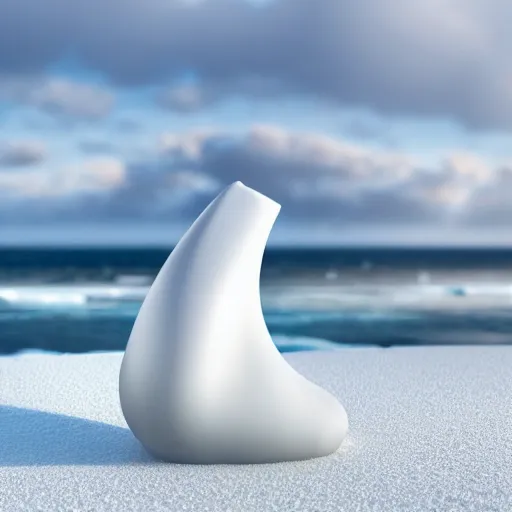 Image similar to perfume bottle on a white zen clean modern minimalist white sand beach with an ocean view, frozen and covered in ice, by peter tarka in an ivory room well contoured smooth fair walls, zaha hadid octane highly render, 4 k, ultra hd,