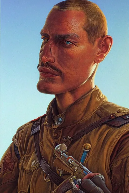 Image similar to Portrait of a soldier, illustration by Michael Whelan, fantasy art, visionary art, acrylic painting, smooth blending